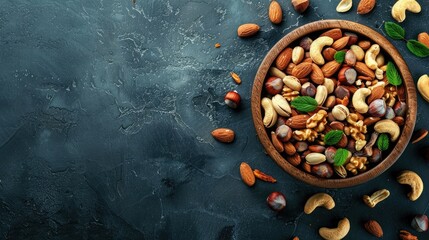 Photo of Nuts mix in wooden bowl on dark background, top view with copy space concept for healthy food and drink advertising