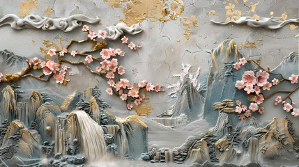 Wall Mural - Volumetric stucco molding on a concrete wall with golden elements, Japanese landscape, waterfall, mountains, sakura colorful
