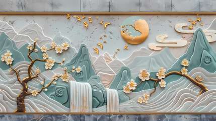 Wall Mural - Volumetric stucco molding on a concrete wall with golden elements, Japanese landscape, waterfall, mountains, sakura colorful
