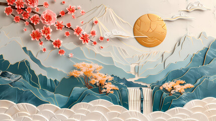 Wall Mural - colorful Volumetric stucco molding on a concrete wall with golden elements, Japanese landscape, waterfall, mountains