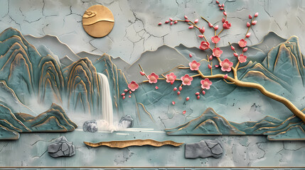 Wall Mural - colorful Volumetric stucco molding on a concrete wall with golden elements, Japanese landscape, waterfall, mountains