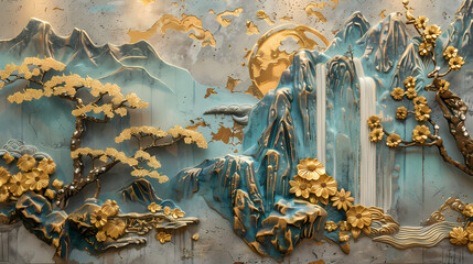 Sticker - colorful Volumetric stucco molding on a concrete wall with golden elements, Japanese landscape, waterfall, mountains