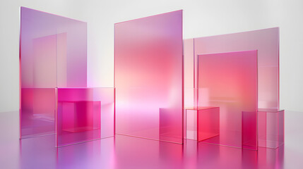 Wall Mural - 3d render, abstract geometric background, translucent glass with pink red violet gradient, simple sq