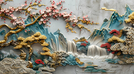 Wall Mural - colorful Volumetric stucco molding on a concrete wall with golden elements, Japanese landscape, waterfall, mountains, sakura.