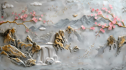 Wall Mural - colorful Volumetric stucco molding on a concrete wall with golden elements, Japanese landscape, waterfall, mountains, sakura.