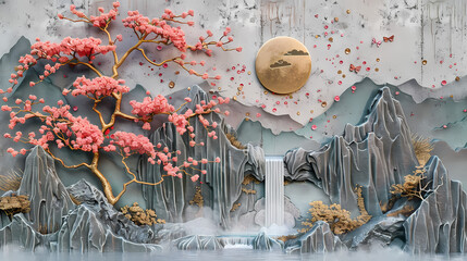 Wall Mural - colorful Volumetric stucco molding on a concrete wall with golden elements, Japanese landscape, waterfall, mountains, sakura.