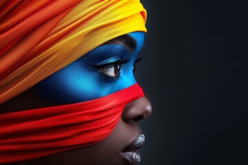 Wall Mural - An artistic close-up portrait featuring a person with vibrant face paint and colorful fabric, showcasing a stunning blend of blue, red, yellow, and metallic accents against a dark background