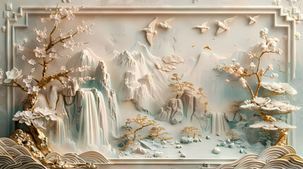 Wall Mural - colorful Volumetric stucco molding on a concrete wall with golden elements, Japanese landscape, waterfall, mountains, sakura.