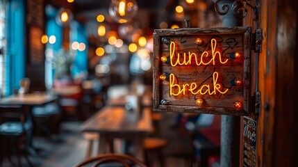 a cozy cafe interior with a warm wooden decor featuring a prominently displayed neon lunch break sig
