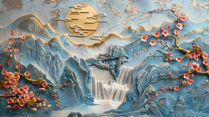 Wall Mural - colorful Volumetric stucco molding on a concrete wall with golden elements, Japanese landscape, waterfall, mountains, sakura.