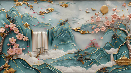 Wall Mural - colorful Volumetric stucco molding on a concrete wall with golden elements, Japanese landscape, waterfall, mountains, sakura.