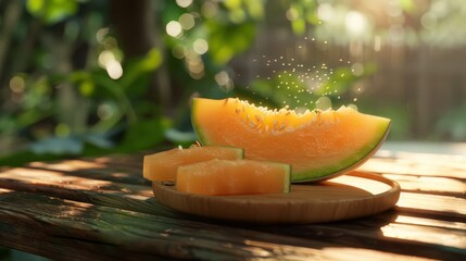 Wall Mural - sweet melon, cutted, on a wood plate, looking yummy