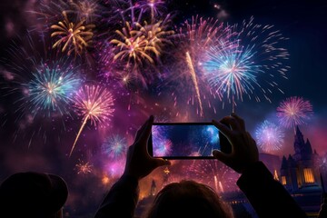 Person recording vibrant firework show above city skyline at night on mobile phone