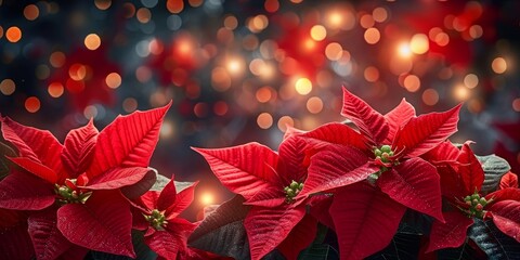 Christmas flower - Closeup of poinsettia red flowers (euphorbia pulcherrima) and dark defocused blurred background with bokeh lights, Generative AI