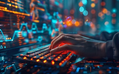 Fototapete - Cybersecurity developer typing with glowing graphics