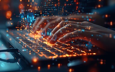 Fototapete - Cybersecurity developer typing with glowing graphics