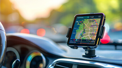 Smartphone GPS navigation in car dashboard

