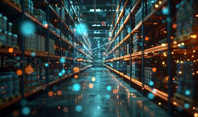Leinwandbilder - Hologram of supply network in a bustling warehouse