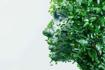 Wall Mural - an abstract digital human face artificial intelligence concept of big data or cyber security covered in green leaves clean ultra white studio background