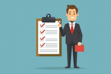 Wall Mural - businessman reviewing checklist on clipboard symbolizing task completion and approval minimalist vector illustration