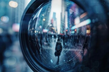 Wall Mural - closeup of camera lens analyzing pedestrian faces for identity verification ai and surveillance concept digital art