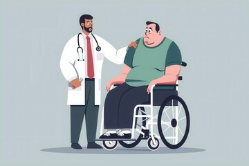 Sticker - compassionate doctor supporting overweight patient in wheelchair mens health concept illustration