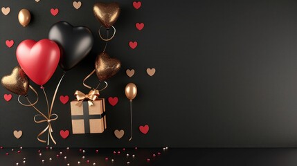 Wall Mural - Gender symbols with gift box and balloons. Valentine's Day greeting card design with text on black background. 3D Rendering, 3D Illustration