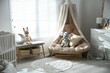 © New Africa - Beautiful baby room interior with comfortable armchair and bench near window