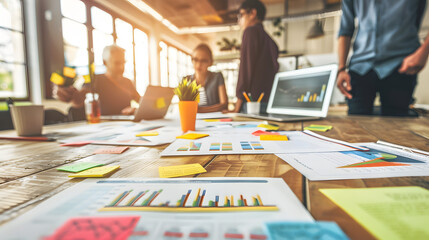 business people working together on marketing plan with graphs and charts. laptop computer in foreground with colorful sticky notes spread out across desk surface 