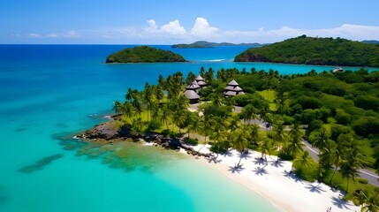 Aerial view of beautiful tropical island with white sand, turquoise water and palm trees.