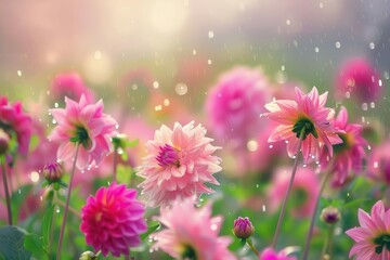 Canvas Print - enchanting field of vibrant dahlia flowers glistening with rain drops rustic garden panorama