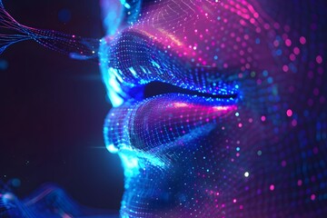 Wall Mural - A woman's face is shown in a computer generated image with a blue and purple color scheme. The image is abstract and has a futuristic feel to it