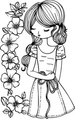Wall Mural - Girl with flower border sketch