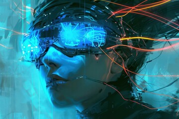 Wall Mural - futuristic female cyborg with glowing blue electronic brain wires connected to head digital painting