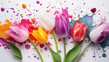 Wall Mural - Vibrant Tulips with Colorful Paint Splashes