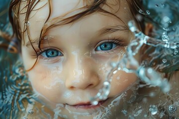 Wall Mural - innocent childs face submerged in water joyful childhood moment captured in closeup photography