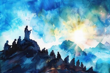 jesus preaching on mountain silhouette watercolor painting biblical scene illustration