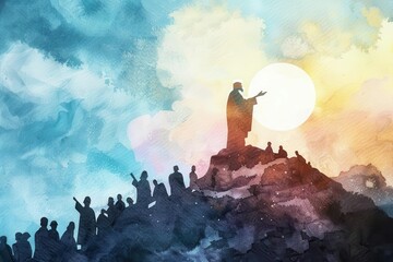 Canvas Print - jesus preaching on mountain silhouette watercolor painting biblical scene illustration