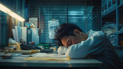 Wall Mural - In the Wee Hours, An Employee's Struggle to Stay Awake at the Desk