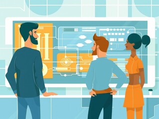 Wall Mural - Group of people watching a screen with image of a man and woman discussing business strategy and collaboration in modern office setting