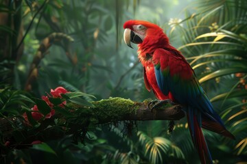 Wall Mural - majestic scarlet macaw perched on mossy branch amidst lush tropical foliage captivating wildlife desktop wallpaper