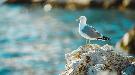 Wall Mural - Seagull bird on the rock of the sea