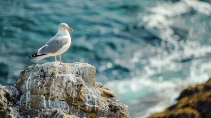 Wall Mural - Seagull bird on the rock of the sea