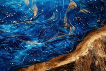 Wall Mural - mesmerizing blue epoxy resin swirls on rustic wooden table top creating captivating abstract patterns 3d illustration