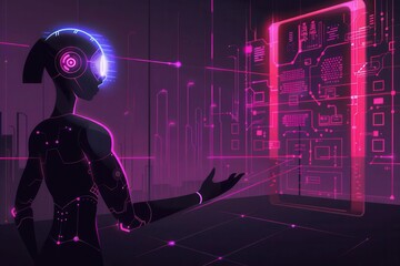 Wall Mural - person interacting with robotic ai futuristic machine learning and technology concept illustration