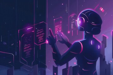 Wall Mural - person interacting with robotic ai futuristic machine learning and technology concept illustration