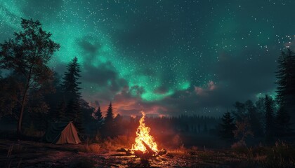campfire surrounded by trees and starry night, northern lights, aurora, warmth. campfire with starry