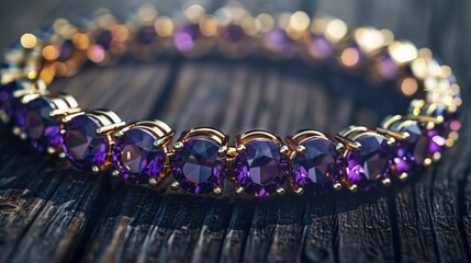 A close-up of a golden bracelet with brilliant-cut amethyst gems, laid out on a dark wooden surface with natural light
