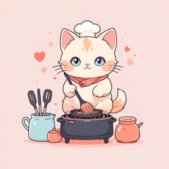 Wall Mural - A cartoon cat is cooking in a pan with a spatula