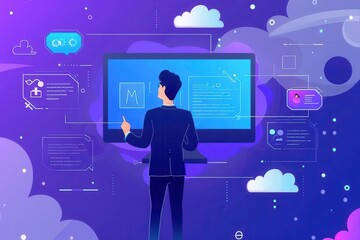 Wall Mural - saas software as a service concept businessman showing virtual screen with cloud icons illustration